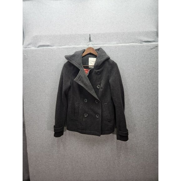 Aeropostale Womens Gray Double-Breasted Hooded Wool Blend Peacoat Jacket Medium - Picture 1 of 3